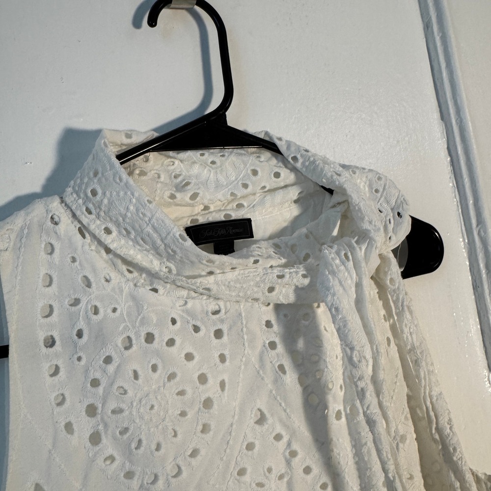 Saks Fifth Avenue White Eyelet Cotton Top Lace Quiet Luxury Romantic Soft Girl L - Picture 2 of 8